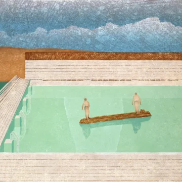 Logrollers-woodblock-print-newzealand-iconic-pool-farm-rural-textured-surface-longwhitecloud-turquoise-rust-roof-scaled-e1692069597858-2048×1619-jpg.webp