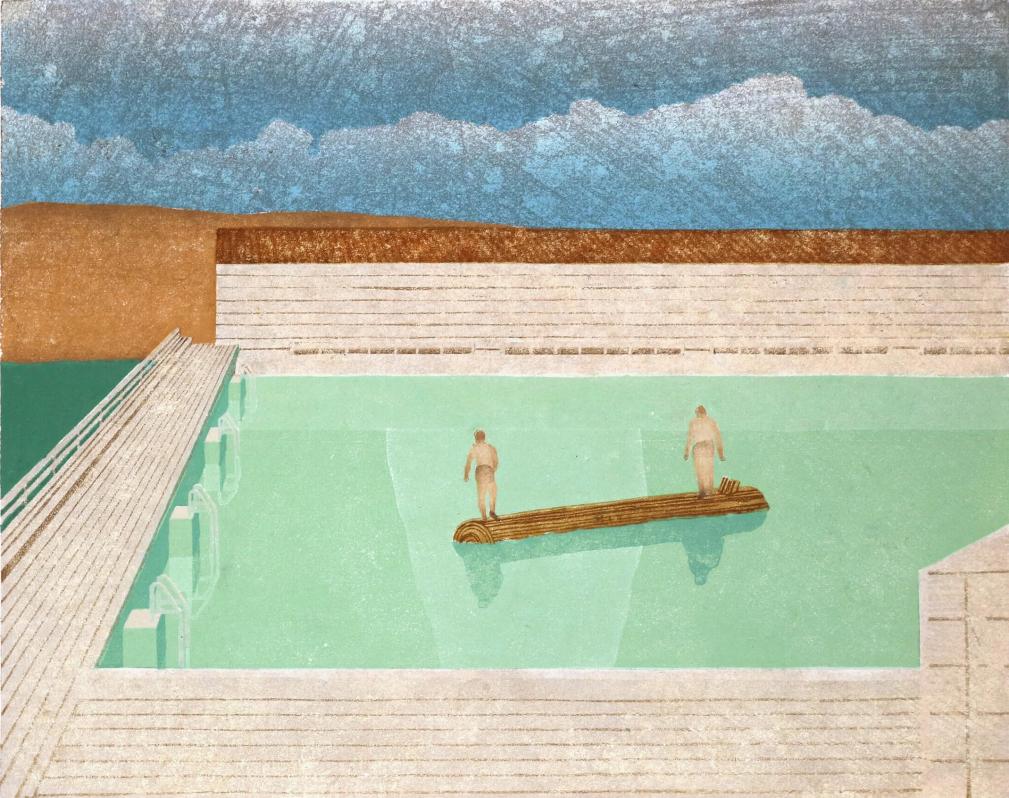 Logrollers-woodblock-print-newzealand-iconic-pool-farm-rural-textured-surface-longwhitecloud-turquoise-rust-roof-scaled-e1692069597858-2048×1619-jpg.webp